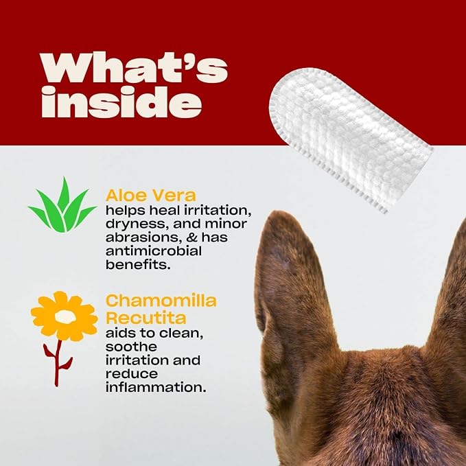 Oh Norman! Ear Cleaning Finger Wipes for Dogs, Aloe & Chamomile, 50 Ct | Vet-reviewed finger wipes with aloe vera & chamomile that gently remove wax & dirt from ears, reducing odor and irritation.