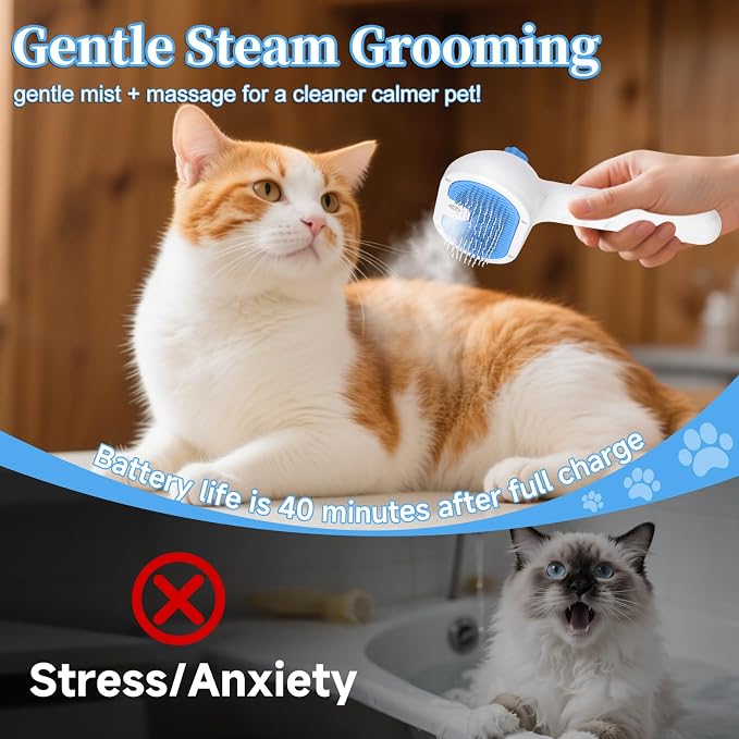 Pet Steam Brush for Dog & Cat - 3-in-1 Steam Grooming Brush for Shedding & Hair Removal - Self Cleaning Spray Comb with Mist for Long Haired Pets, Blue(waterless shampoo not include)