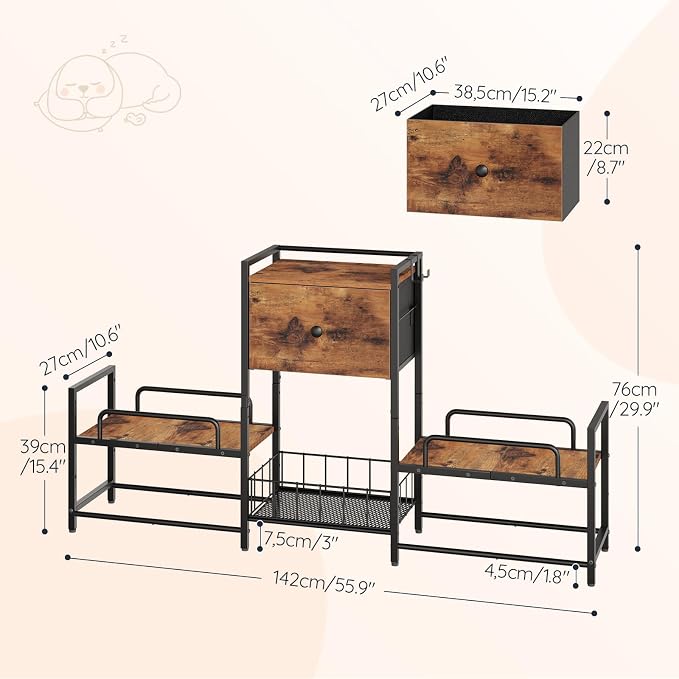 HOOBRO Raised Dog Bowl Stand with Storage, Lifted Feeding Station, Elevated Bowl Holder, 4 Adjustable Heights, for Large Medium Small Dogs, with 1 Drawer and 2 Hooks, Rustic Brown BF23PO03G1