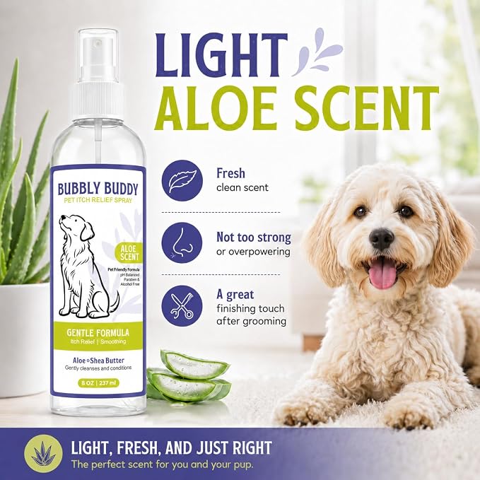 Pet Itch Relief Spray for Dogs, Aloe & Shea Butter Dog Coat Spray with Colloidal Oatmeal, Jojoba Oil & Vitamin E, pH Balanced Anti-Itch Coat Care, Aloe Scent, 8 fl oz