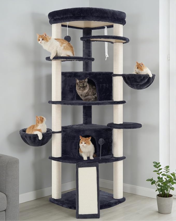 Corner Cat Tree, All Sisal Multi-Cat Scratching Posts GCT035G | 63.8" Cat Tower for Indoor Cats with Cat Condo, 2 Large Cat Caves, Big Top Perch, 2 Hanging Baskets & Sisal Ramp, Drak Gray