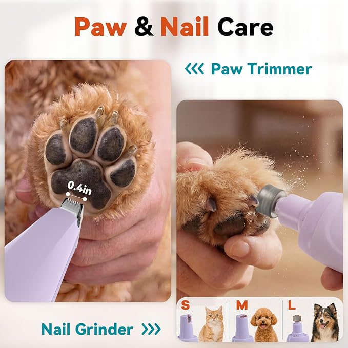 4-in-1 Dog Clippers for Grooming Kit - 45dB Quiet 150-Min Run Non-Slip Grip | Cordless Rechargeable IPX7 Waterproof Hair Paw Trimmer & Nail Grinder Pet Shaver at Home Razor for Dog & Cat, Purple Veeconn