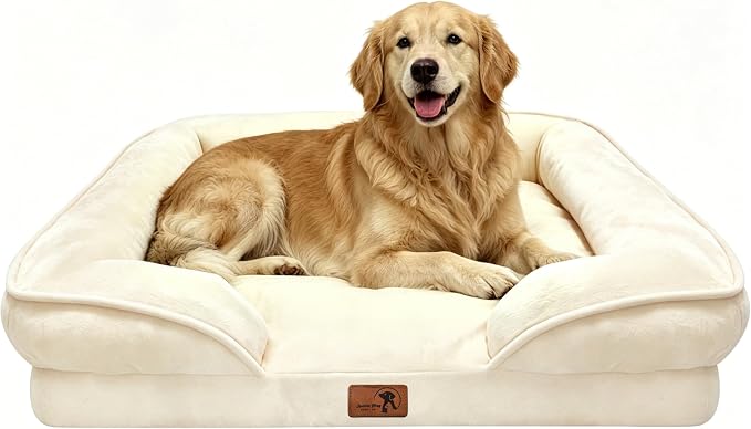 Spotted Play Orthopedic Dog Bed with Sides - Sofa Beds for Extra Large Dogs, Supportive Foam Pet Couch Bed with Washable Removable Cover, Waterproof Lining and Non-Slip Bottom, Ivory - XL
