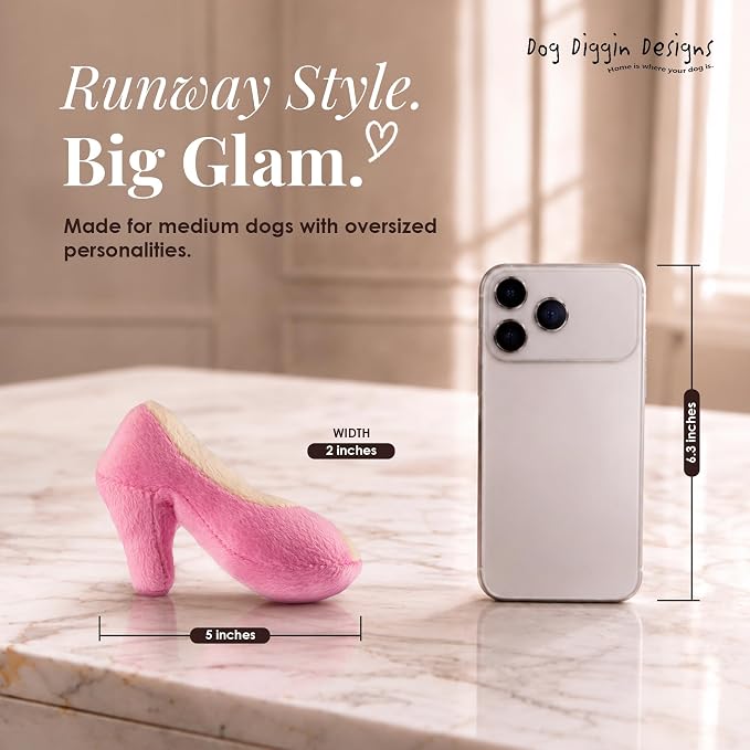 Dog Diggin Designs Pink MuttQueen Plush Dog Toy Shoe | Luxury-Inspired Parody Designer Heel with Squeaker, Soft Plush Fashion Dog Toy – High Heel Essentials