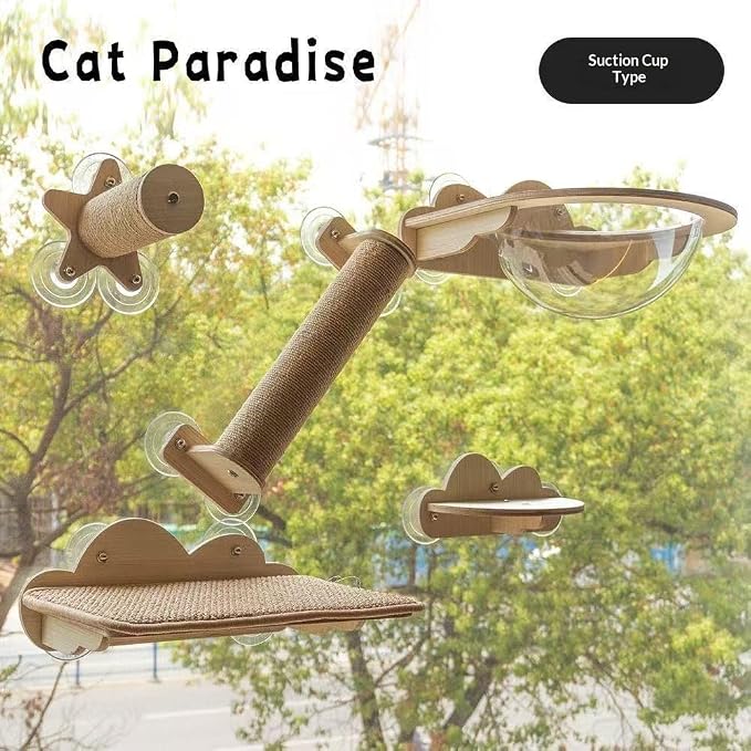 Cat Paradise Space Capsule Window Cat Bed, Suction Cup Mount, Clear Acrylic Bowl with Wood Shelf, 20kg Load Capacity