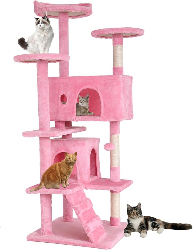 BestPet | 54" Cat Tree Tower | Pink | Sturdy Multi-Level Cat Tree | with Plush Condo, Cozy Perch, Sisal Scratching Posts, Hanging Toy and Hammock | Easy Assembly | for Kittens & Adult Cats