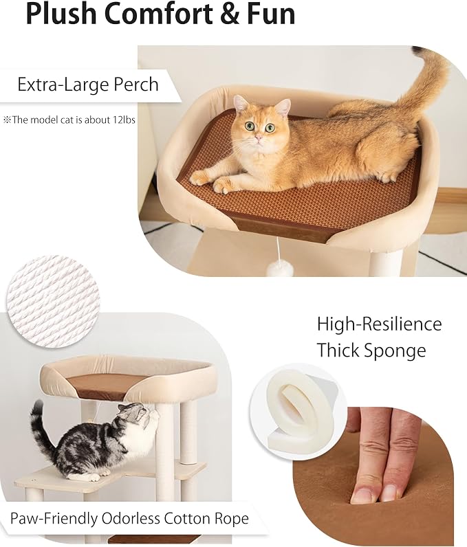 Cat Tree for Large Cats Modern Senior Friendly Wide Shelves 37.4'' | Wide shelves, cotton scratching posts, super sturdy base, cozy perch, interactive toys, luxury fabric
