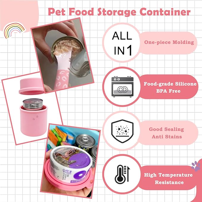 Original Canned Dog Food Storage Container | Wet Food Can Opener Spoon | Silicone Pet Can Lid | BPA Free, Airtight, Dishwasher & Freezer Safe(Pink)