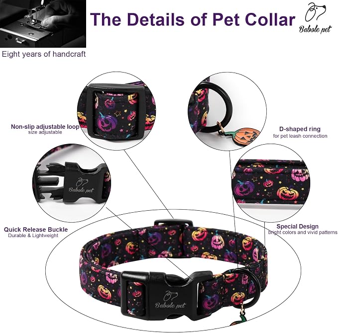 Halloween Dog Collar Spooky Fun Pumpkin Puppy Collar - Light Comfortable Adjustable Pet Collars for Small Medium Large Girl Boy Dogs L