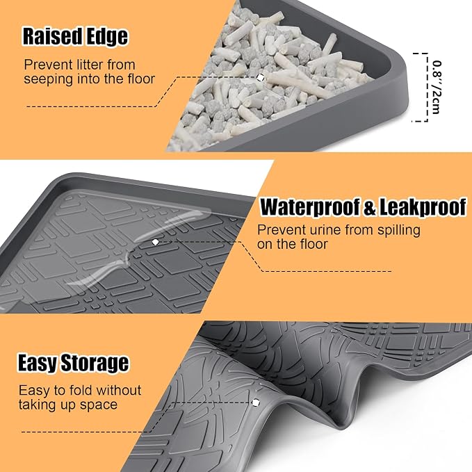 Silicone Cat Litter Mat 42" x 29" Cat Mat for Litter Box, Dark Grey | Extra Large Cat Litter Trapping Mat for Floor, Waterproof, Non-Slip Kitty Litter Box Mat with Raised Edge, Easy to Clean