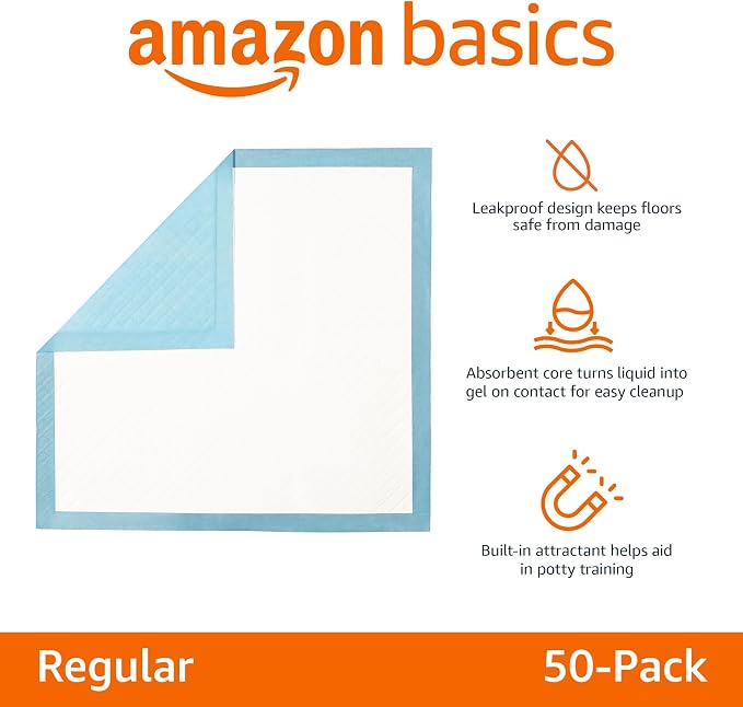 Amazon Basics Heavy Duty Dog and Puppy Pee Pads, Leak-Proof 5-Layer Super Absorbent, Quick-Dry Surface for Potty Training, Regular Size, 24x23", Blue & White, 50 Count