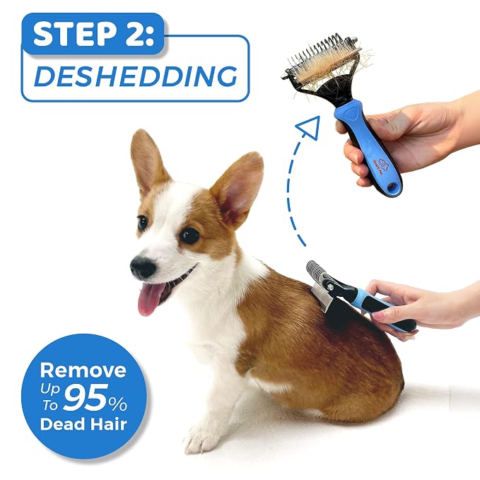 Grooming Brush for Dog/Cat with 2 Sided Grooming Brush for De-Shedding, De-Matting Reduces Shedding up to 95%, Great Short to Long Hair (Blue, Small)