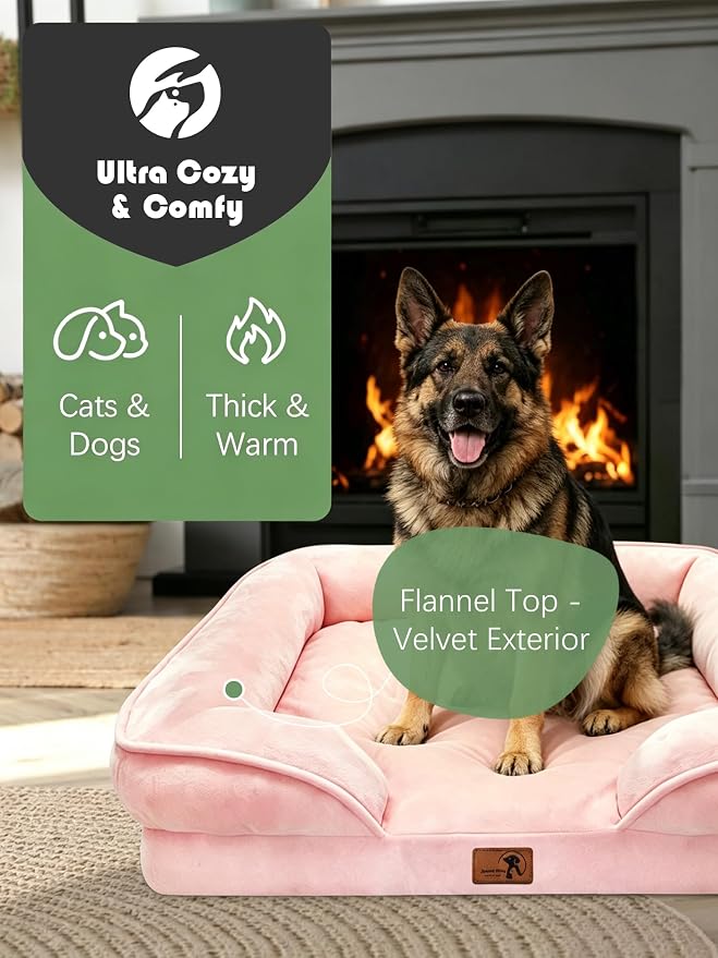 Spotted Play Orthopedic Dog Bed with Sides - Sofa Beds for Extra Large Dogs, Supportive Foam Pet Couch Bed with Washable Removable Cover, Waterproof Lining and Non-Slip Bottom, Pink - XL