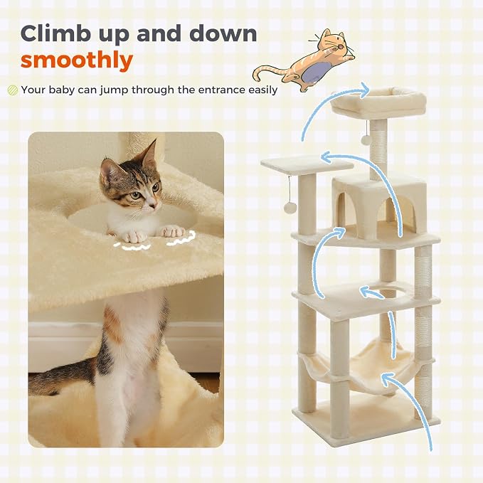 PEQULTI 56.3'' Cat Tree for Indoor Cats, Multi-Level Cat Tower with 2 Top Perch, Cat Condo, Hammock and Sisal-Covered Scratching Post, Beige