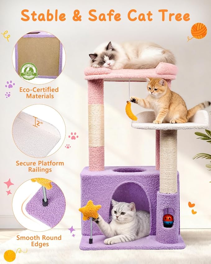 Small Cat Tree, Compact 30" Cat Tower for Indoor Kittens | Plush Finish, Cozy Condo, Soft Top Perch, Sisal Scratching Post, Dangling Ball Toy, Anti-Tip Base, for Cats up to 15 lbs