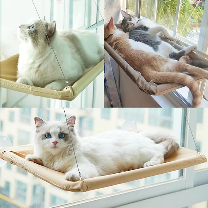 Khaki Cat Window Hammock Perch Cat Safety Sunny Bed with Durable Heavy Duty | Suction Cups Resting Sunny Window Seat for Indoor Cats Sleeping Space Saving Mounted Bed