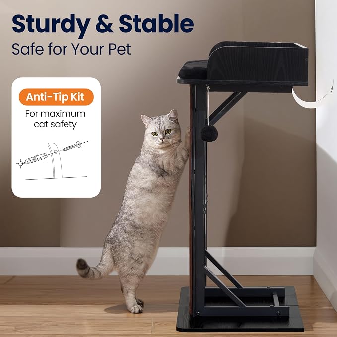 Modern Wood Cat Tree Tower for Indoor Large Adult Cats with Big Perch Bed | 33.8in Tall Wooden Cat Trees with Platform, Cat Scratching Pads, Washable Cushions, Cat Furniture for Window, Rustic Black