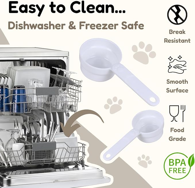 1/2 Cup Dog Food Scoop, Extra Long Handle Sturdy Melamine Pet Food Measuring Scoop with Clear Marking Lines, BPA-Free, Shatterproof, Dishwasher Safe (White, 1/2 Cup)