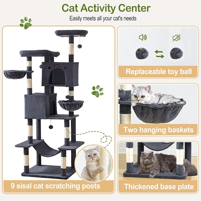 74in Cat Tree Tower for Indoor Cats, Multi-Level Design Dark Gray | 2 Roomy Condos, 2 Cozy Baskets, 2 Padded Perches, 9 Sisal Scratching Posts, Hammock, Hanging Toys, Wide Base, Easy Assembly
