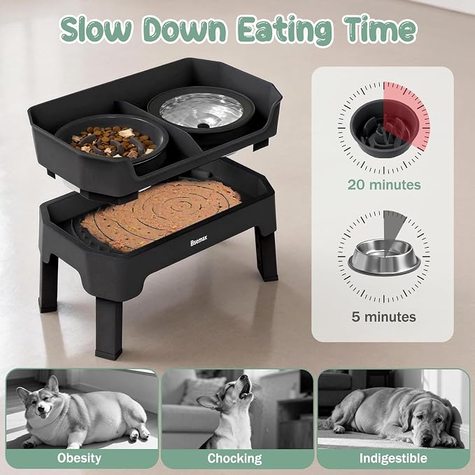 4 in 1 Adjustable Elevated Dog Bowls with 2*Stainless Steel Bowls, Anti-Spill Water Bowl, 4 Heights Raised Dog Bowl Stand for Small to Medium & Growing Large Puppies, Anti-Slip, Mess Proof Design