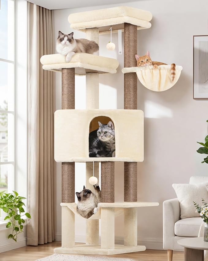 Globlazer F65D Corner Cat Tree Tower with Scratching Posts, Beige | 65in Multi-Level Large Cat Scratching Tower with Hammock, 6 Scratching Posts, Basket and 2 Perches for Indoor Multiple Cats