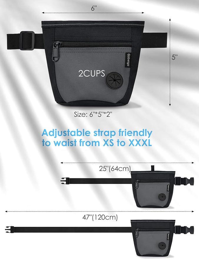 2 Cup Dog Treat Pouch with Training Clicker(Black/Gray) | 2 Pair Magnetic Closures, Zipper Pocket with Poop Bag Holder, Waist Belt & Metal Clip to Wear for Pet Training/Daily Walking