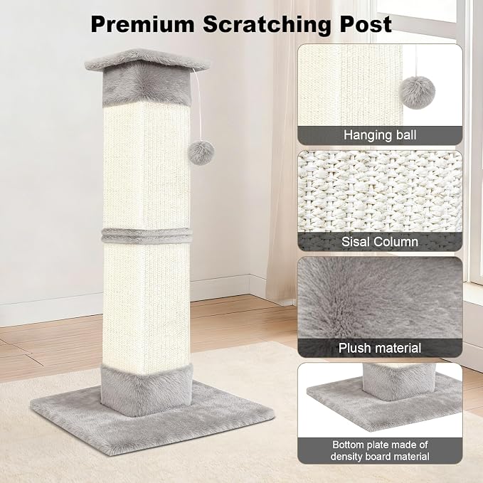 Cat Scratching Post 33 inch for Indoor Cats, Sisal Cat Scratcher, Vertical Posts with Dangling Ball, High Cat Scratch Post, Cat Tree for Full-Body Stretching, Protect Your Furniture, Light Grey
