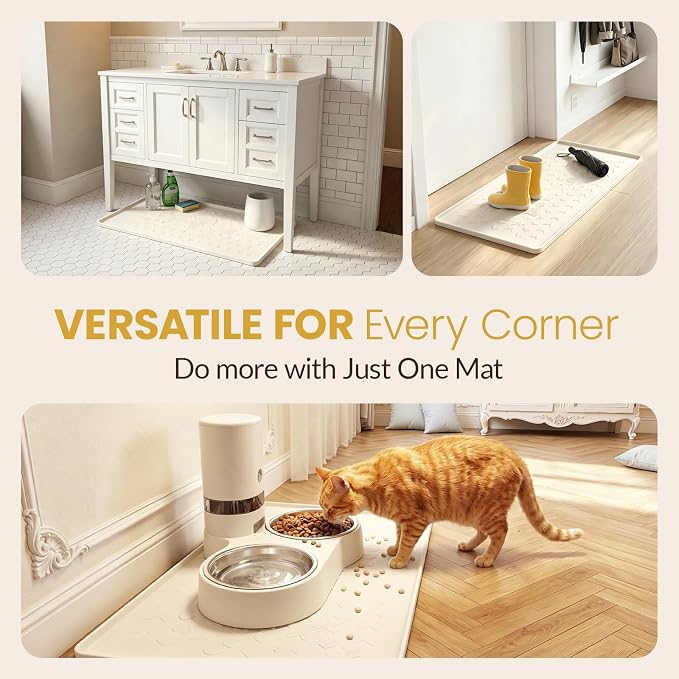 Pet Feeding Mat - 100% Waterproof Dog & Cat Bowl Pad with Raised Edges - Protects Floors from Messy Eaters & Spills - Anti-Slip, 100% PET-Safe, Dishwasher Safe (28"x20"x0.4", Beige)