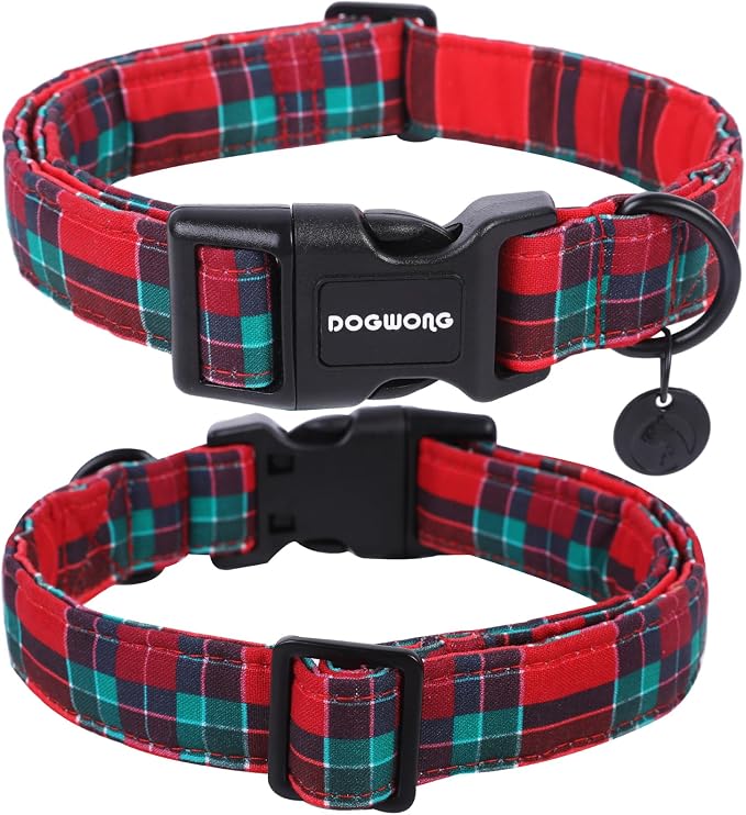 DOGWONG Christmas Cotton Dog Collar, Red Green Tartan Christmas Dog Collar Durable Soft Fabric Pet Dog Collars Cute Red Green Plaid Puppy Necklace for Small Dogs