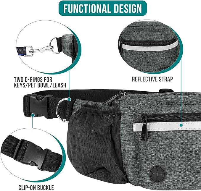 PetAmi Dog Fanny Pack, Treat Pouch for Dog Walking Training, Dark Gray | Built in Poop Bag Dispenser, Water Bottle Holder, Collapsible Bowl, Pet Treat Waist Belt for Hiking Running Kibbles