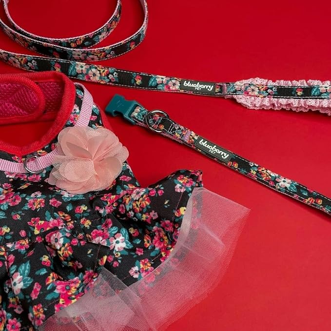 Blueberry Pet Made Well Elegant Floral Print Adjustable Dog Collar in Sleek Black with Pink Artificial Silk Flower, Small, Neck 12"-16"