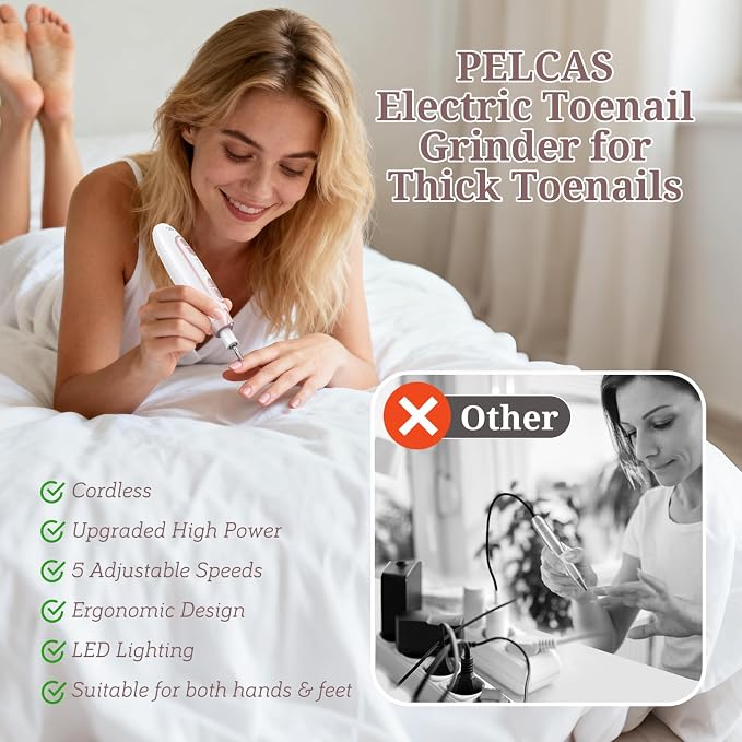 PELCAS Electric Nail File, 5 Speeds Nail Grinder for Thick Toenails | 5 Speeds Manicure and Pedicure Kit with LED Light, Electric Nail File for Human,Seniors,Thick Toenails,Natural, Acrylic Nails