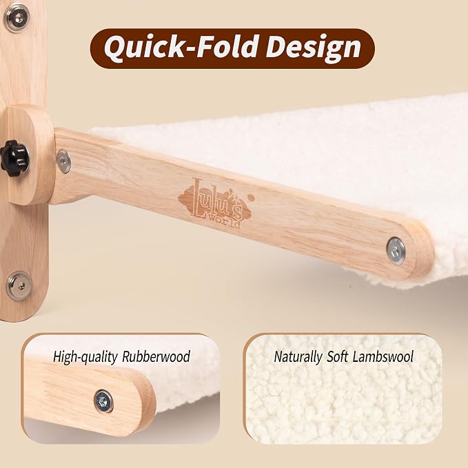 LuLu's World Foldable Large Cat Window Perch,Wooden Frame 23.7"×14.4" Beige | Soft berber fleece cover,washable fabric,strong suction cups,no drilling,space saving,easy to disassemble,breathable and warm