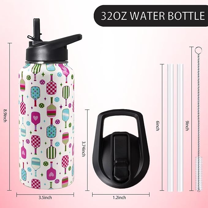 32 oz Pickleball Insulated Water Bottle with Straw - Pickleball Gym Hiking Sports Coffee Mug | Perfect Pickleball Gifts for Women, Pickleball Decor Accessories