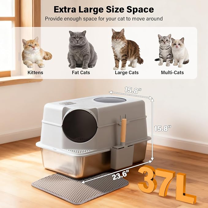 Extra Large Stainless Steel Litter Box with Lid, XL Enclosed Metal Cat Litter Pan, Front Entry Top Exit, Flip-Top, Easy Clean Leak Proof Odor Free, Includes Scoop & Mat, Grey