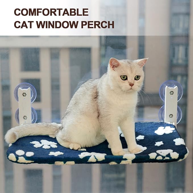 Cute Cat Window Perch, Foldable Cat Window Hammock, Navy Blue | Cordless Window Seat Bed for Indoor Cats, 3D Textured Paw Cover, Strong Suction Cups