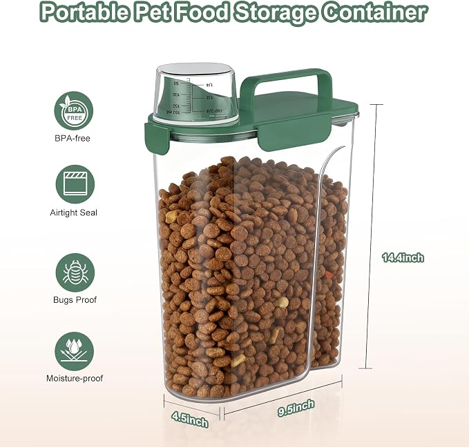 Uppetly Dog Cat Food Storage Container, 5-7Lbs Pet Food Containers, Airtight Cat Food Container with Portable Handle & Measuring Cup, Small Animal Dry Food Dispenser for Dogs, Cats and Birds Green