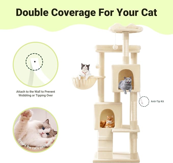 Allewie 64 Inches Multi-Level Cat Tree Tower for Indoor Cats, Beige | Activity Center for Big Felines, 2 Plush Condos, 2 Perches, Cozy Basket, House, Sisal Scratching Posts, Hanging Cat Toys