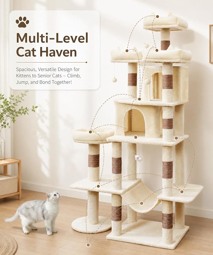 Cat Tower, 71 Inch Heavy Duty Cat Tree for Large Cats | Tall Multi-Level Cat Tree Tower with Extended Base, 2 Condos, 3 Perches, 9 Sisal Posts & Hammock for Indoor Adult Cats, Beige