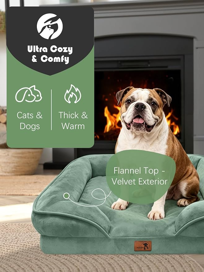 Spotted Play Orthopedic Dog Bed with Sides - Sofa Beds for Large Dogs, Supportive Foam Pet Couch Bed with Washable Removable Cover, Waterproof Lining and Non-Slip Bottom, Green - L