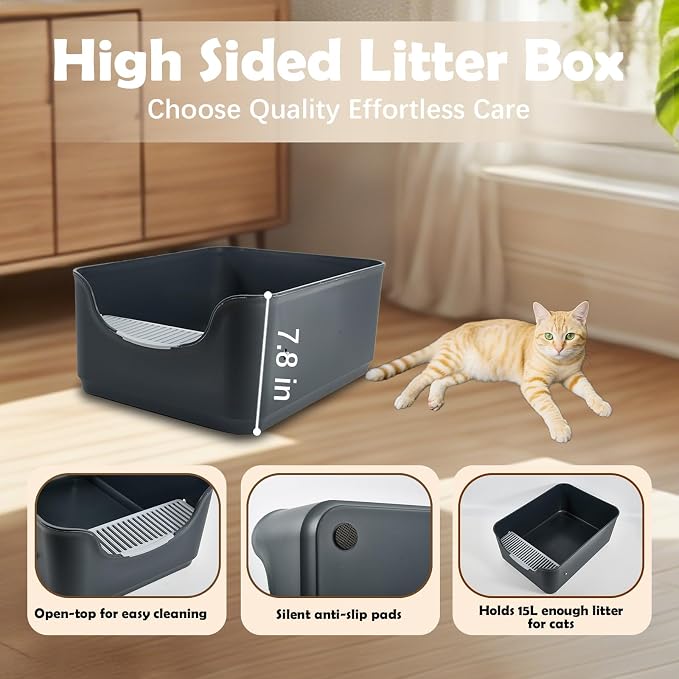 Large Cat Litter Box with High Sides,Cat Boxes for Indoor Cats,Cat Litter Pan for Kitty,Litter Box with Low Entry,Easy to Clean,Anti-Splashing (Dark Grey)
