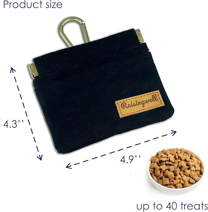 Raisingwell Dog Treat Pouch, Black Pocket Sized Pet Training Pouch, Cotton Fabric, Hand Free Dog Walking Bag with Carabiner, Self-Closing Pet Feed Snack Reward, for Pet Puppy Travel or Outdoor Use