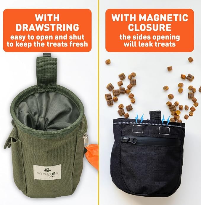 INSPECTOR TAIL Dog Treat Pouch for Training, Drawstring Bag, Hands Free | 2 Cup Tote, 4 Ways to Wear, No Bounce, Pull-Out Liner, Pockets for Snacks, Poop Bags & Keys, Pet Walking & Rewarding Holder