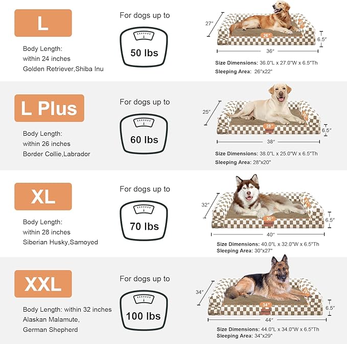 NANUYA Orthopedic Dog Bed for Large Dogs, 38 x 25 Inch, Brown Grid | Egg crate foam for joint support, 3-sided bolster pet sofa, waterproof lining, washable cover, and non-skid base