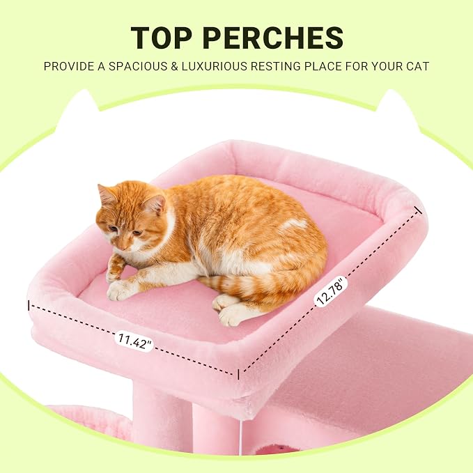 Allewie 64 Inches Multi-Level Cat Tree Tower for Indoor Cats Pink | Activity Center for Big Felines/2 Plush Condos/2 Perchs/Basket/House/Sisal Scratching Posts/Hanging Cat Toys