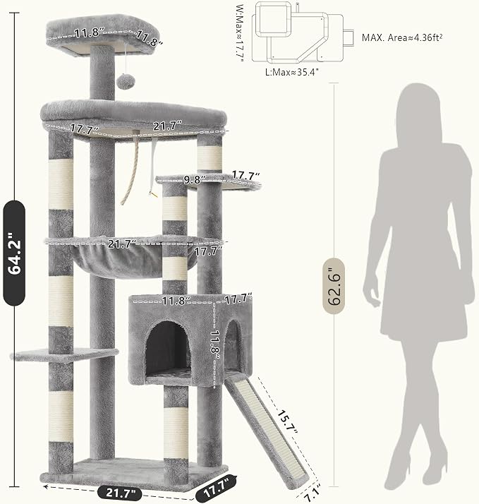 Heybly 64.2" Heavy-Duty Cat Tree for Large Cats with Wide Base HCT027W | Indoor Cat Tower with Scratching Posts & Board, Cat Furniture with Big Platforms, Extra-Large Hammock, Light Gray