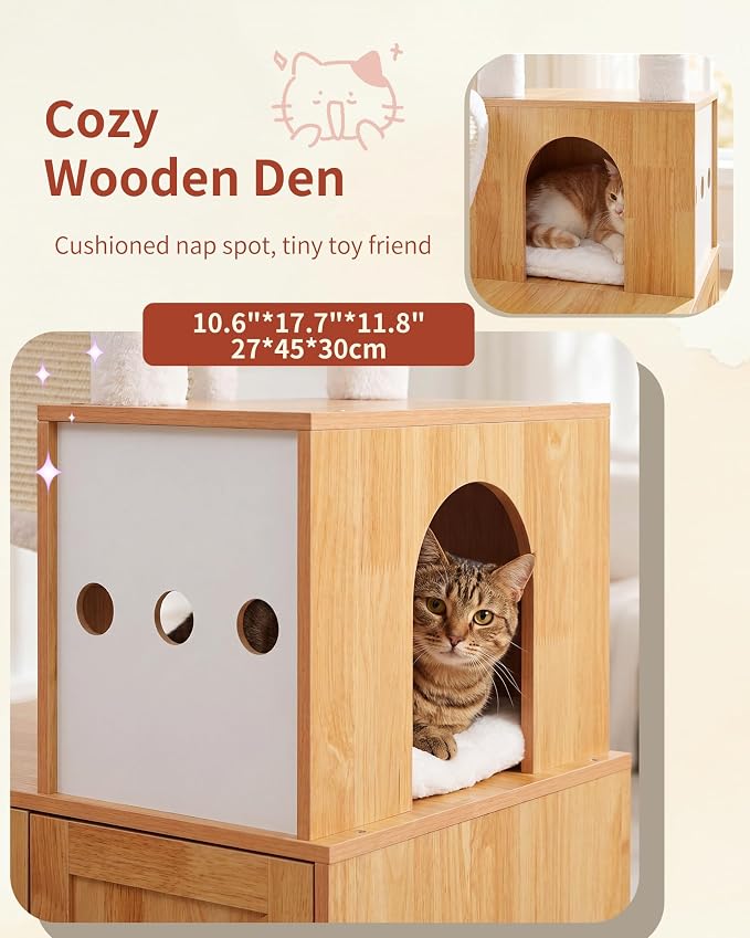 Heybly Cat Tree with Litter Box Enclosure, Modern 64" Hidden Tower HCT105WB | All-in-One Solid Wood Cat Condo for Indoor Cats with Paw-Shaped Board, Multi-Level Perch & Playzone, Walnut