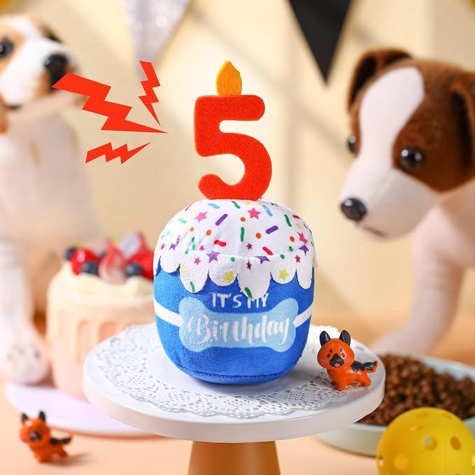 Dansydaisy Dog Birthday Cake Toy Squeaky Plush Toy for Girl Boy Gifts, Chew Accessories for Dog Birthday Party Decor Favor for Large, Medium and Small Dogs(5th,Blue)