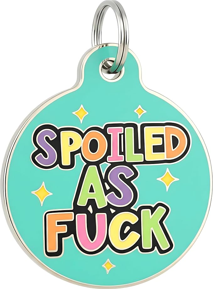Bad Tags Personalized Dog and Cat ID Tags in 25+ Designs and 2 Sizes - 5 Lines of Custom Engraved Text - Funny Cute Personalized Pet Tags (Spoiled As F*ck, Large (1.25 inch))