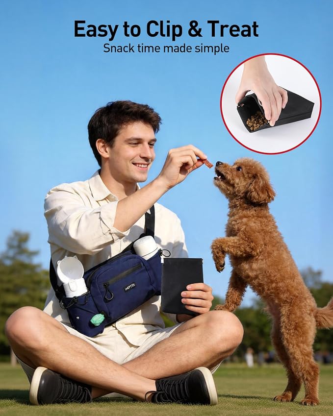 AGPTEK Dog Treat Pouch,Dog Walking Bag | Poop Bag Holder,Dual Bottle Holders,Removable Snack Pouch,Dark Blue